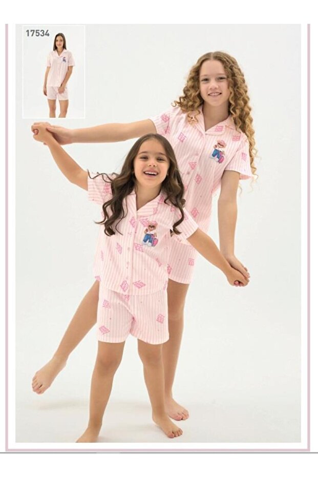 8980 Pink Striped Teddy Bear Button-Down Shirt and Shorts Set'Mother-Daughter Combination Can Be Made'