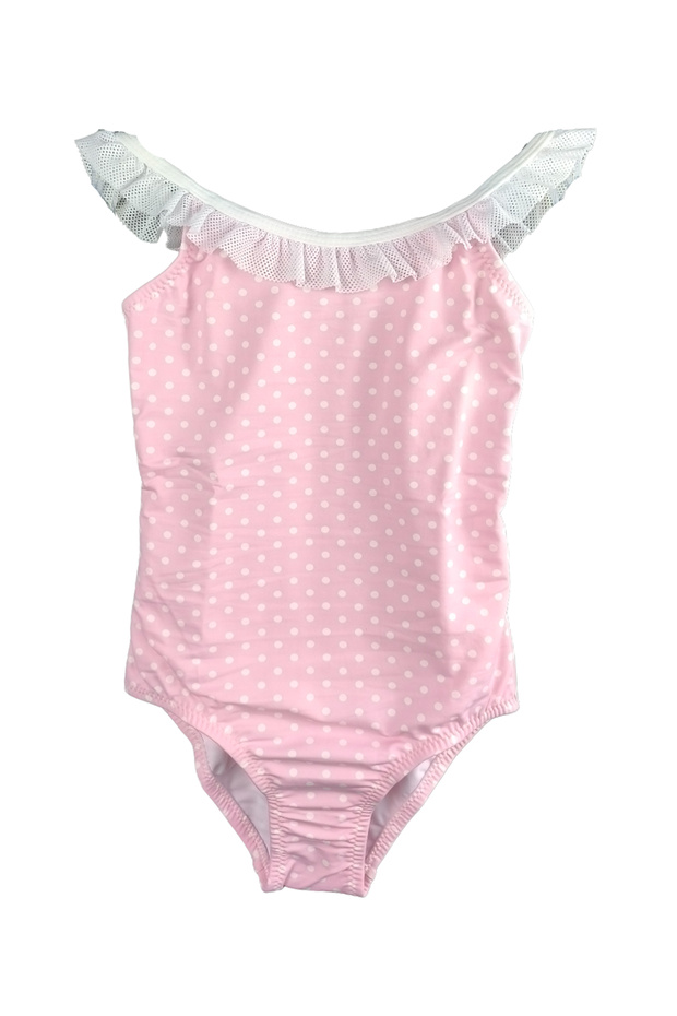 Rigmor - White Mesh Collar Detailed Retro Style Polka Dot Girls' Swimsuit by Nessi Byrd