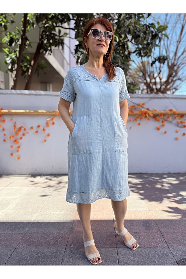Lined Cotton Didim Dress Cyan