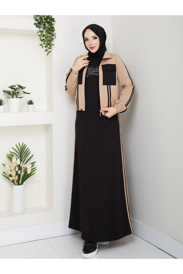 Women's 2-Piece Set Long Dress and Jacket with Pockets Two Yarns Cotton Stylish Sporty N-05479 _ Black-Beige
