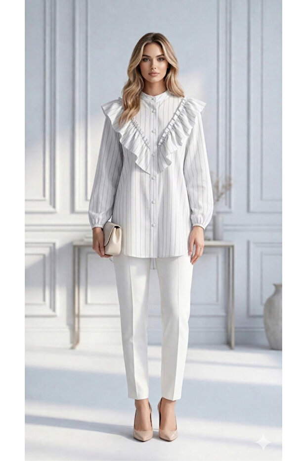Stylish and Feminine Striped Blouse with Ruffle Detail