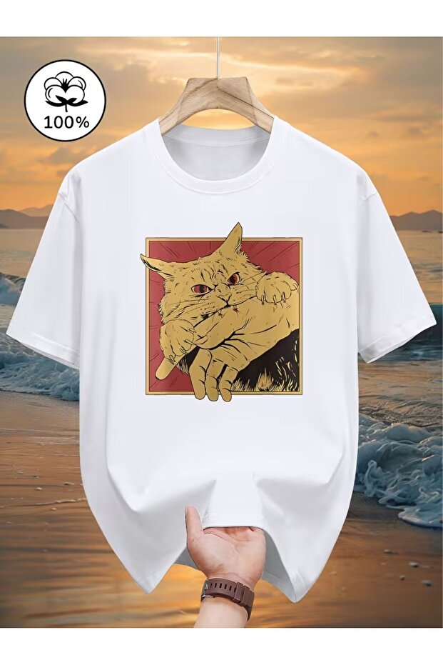 Unisex Biting Cat Printed Oversize Crew Neck T-Shirt