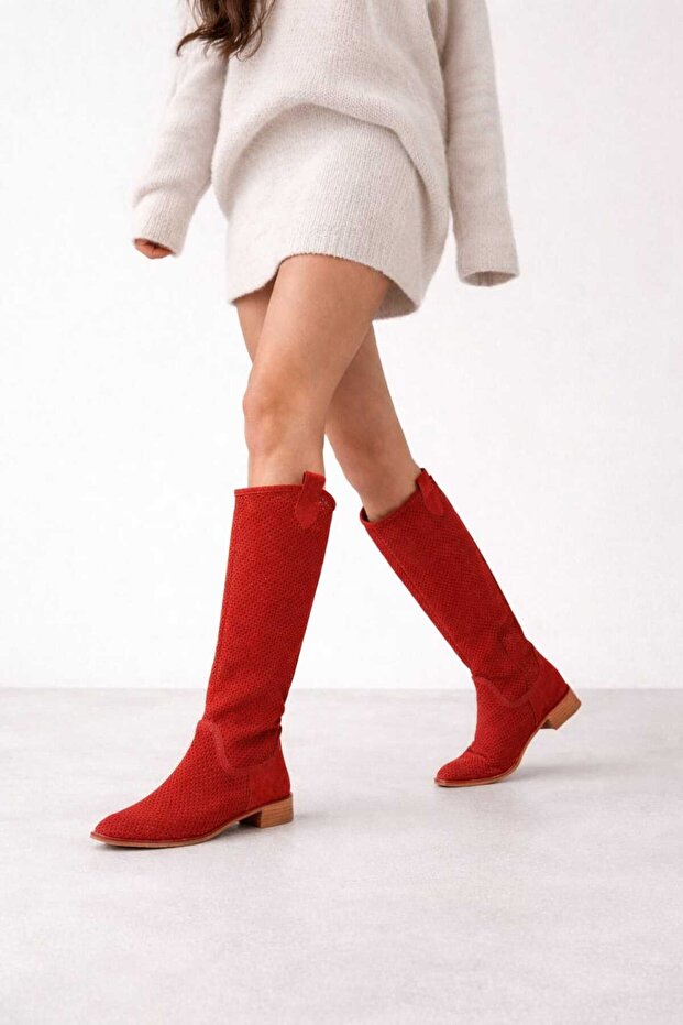 Ptn Eliz Women's Short Heel Suede Laser Cut Perforated Summer Boots