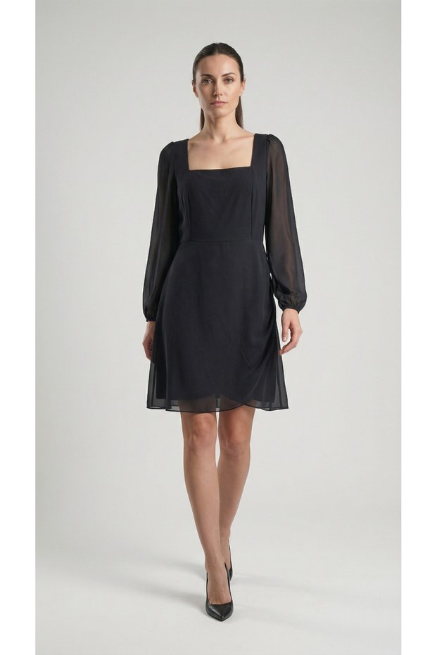 Apsen Women Black Black Square Collar Transparent Long Sleeve Midi Dress 4520-100