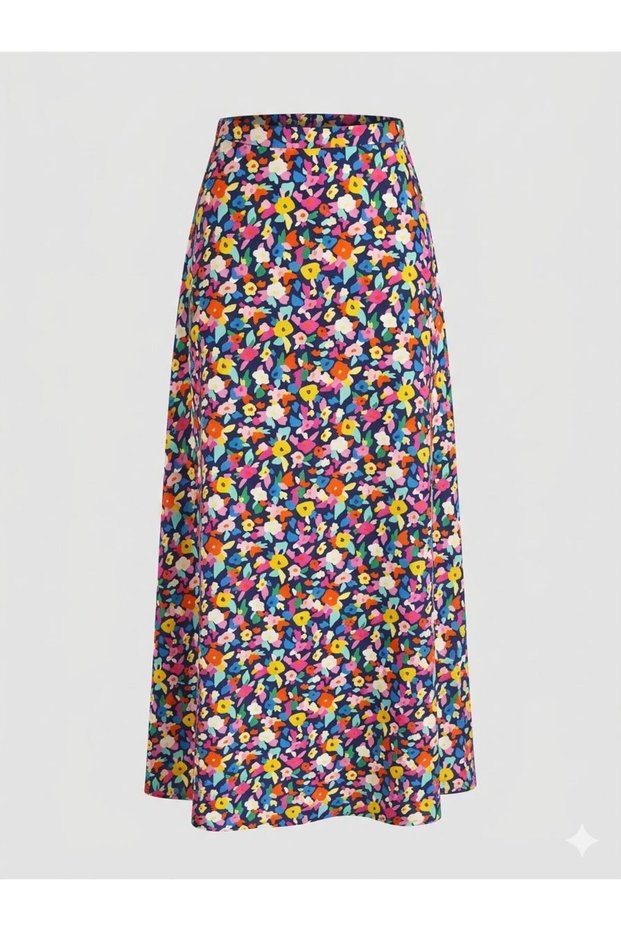 Women's Multicolor High Waist Flared Long Viscose Skirt