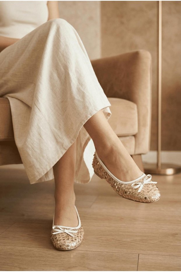 Eya Sparkling Sequin Embroidered Women's Ballerinas - Comfortable Sole Women's Shoes with Bow Detail