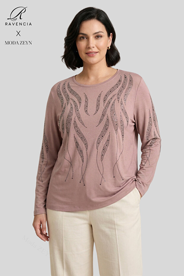 Women's Powder Spiral Stick Patterned Collar and Sleeves Embroidered Stone Slit Lycra Mother Combed Cotton Blouse