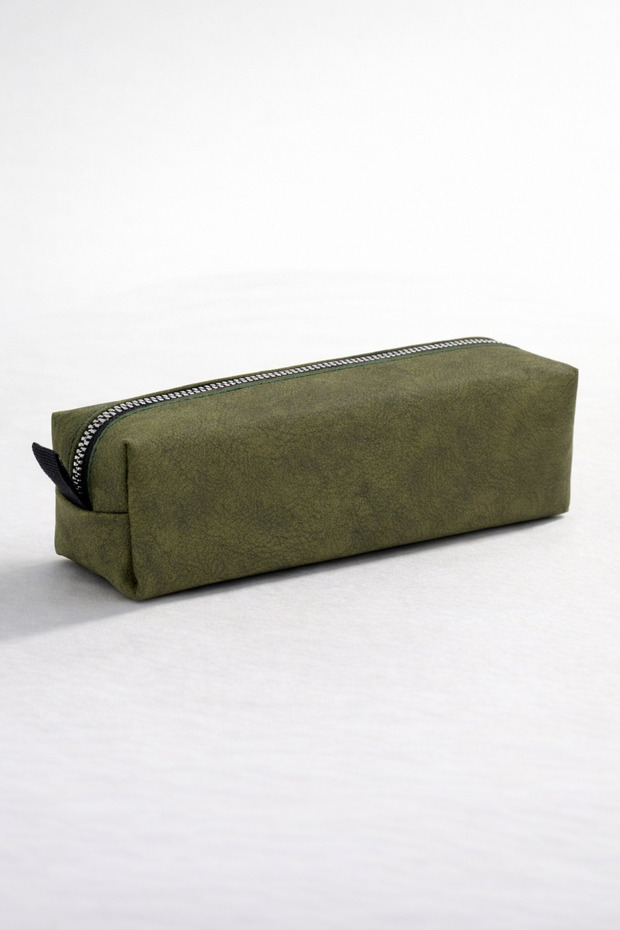 01107 Khaki Color Faux Leather Water Resistant Large Volume Functional Pencil Holder Pencil Case