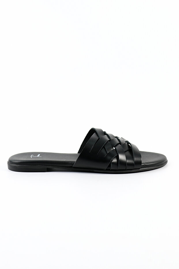 Genuine Leather Black Banded Women's Slippers - Z265200