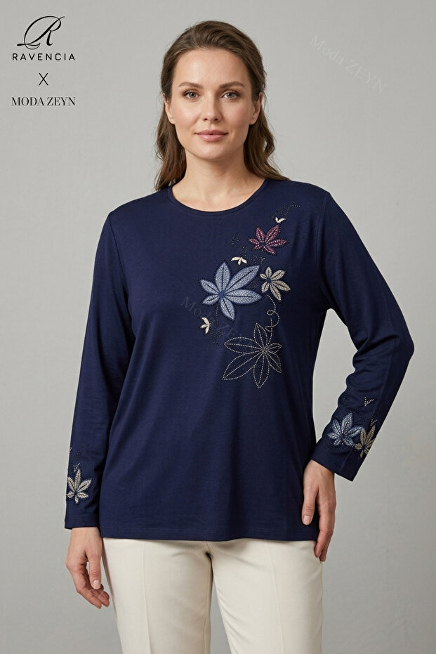 Women's Colorful Floral Leaf Patterned Collar and Skirt Stoned Embroidered Slit Lycra Mother Combed Cotton Blouse