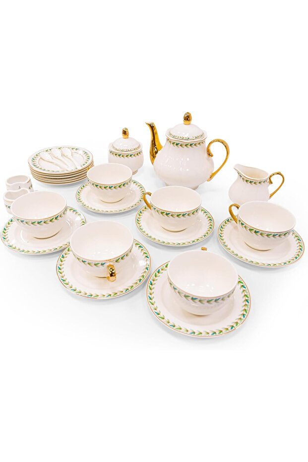 B&S 31-Piece Porcelain Tea Set for 6 | Classic Green Leaf & Gold Rim Design | Elegant Bone China Tea