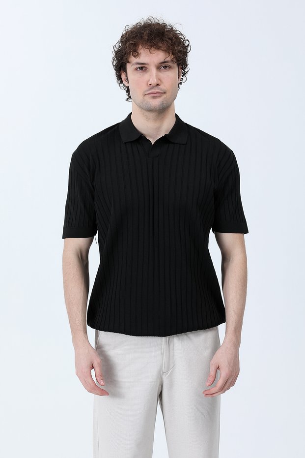 Men's Polo Neck Ribbed Knit T-Shirt Black - 26Y 682