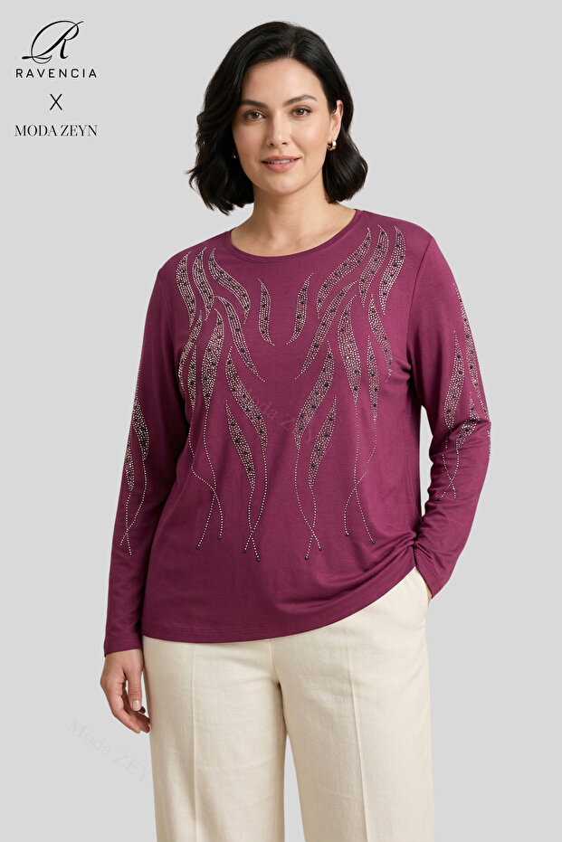 Women's Spiral Stick Patterned Collar and Skirt, Stone Embroidered, Slit, Lycra, Mother's Combed Cotton Blouse
