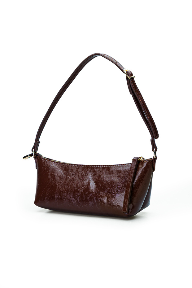Hira Faux Leather Wrinkled Patent Leather Women's Evening Dress Mini Hand and Shoulder Bag Brown
