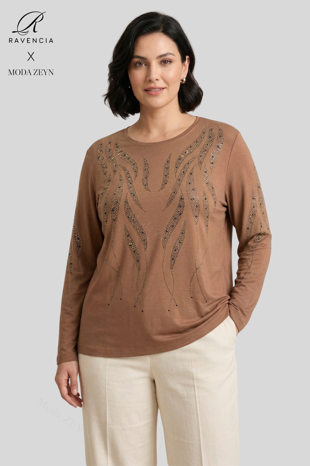 Women's Spiral Stick Patterned Collar and Skirt, Stone Embroidered, Slit, Lycra, Mother's Combed Cotton Blouse