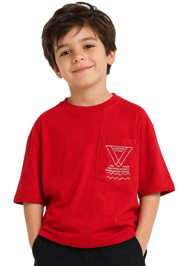 Boy's Red Oversize T-Shirt with Pocket Detail and Printed Casual Cotton T-Shirt