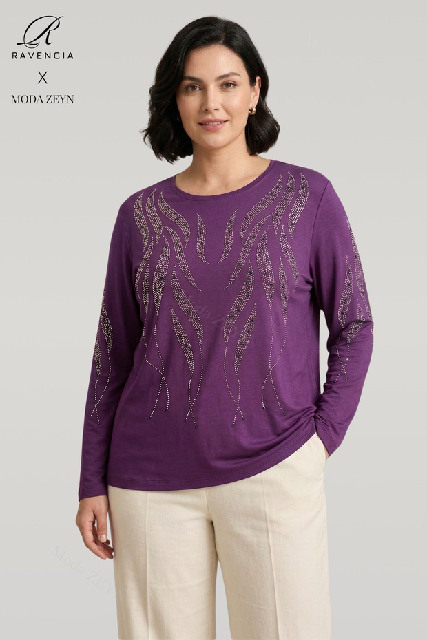 Women's Purple Spiral Stick Patterned Collar Sleeve Embroidered Stoned Slit Lycra Mother Combed Cotton Blouse