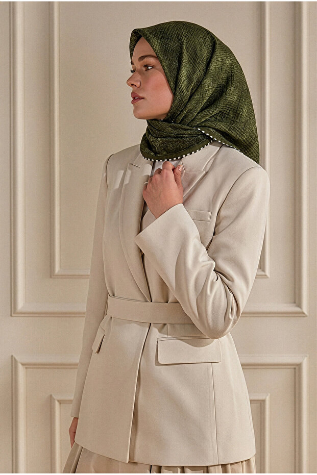 Oil Green Piping Detail Patterned Muslin Scarf
