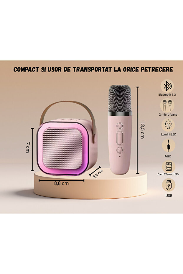 Boxă Karaoke, Bluetooth 5.3, 2 microfoane wireless, roz - 4