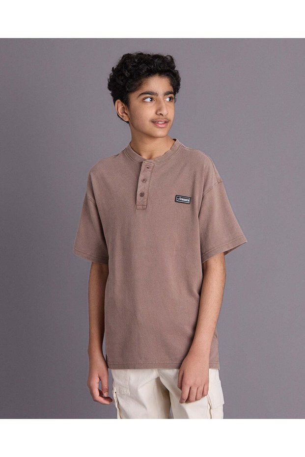 Senior Boys Brown Embellished Henley T-Shirt