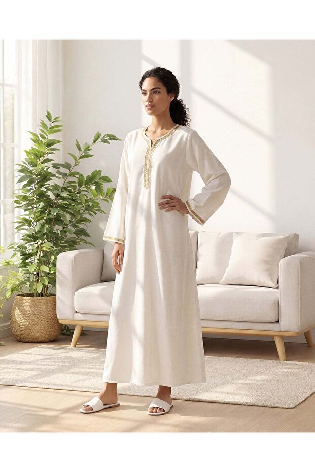 Women Cream Jallabiya With Embroidery