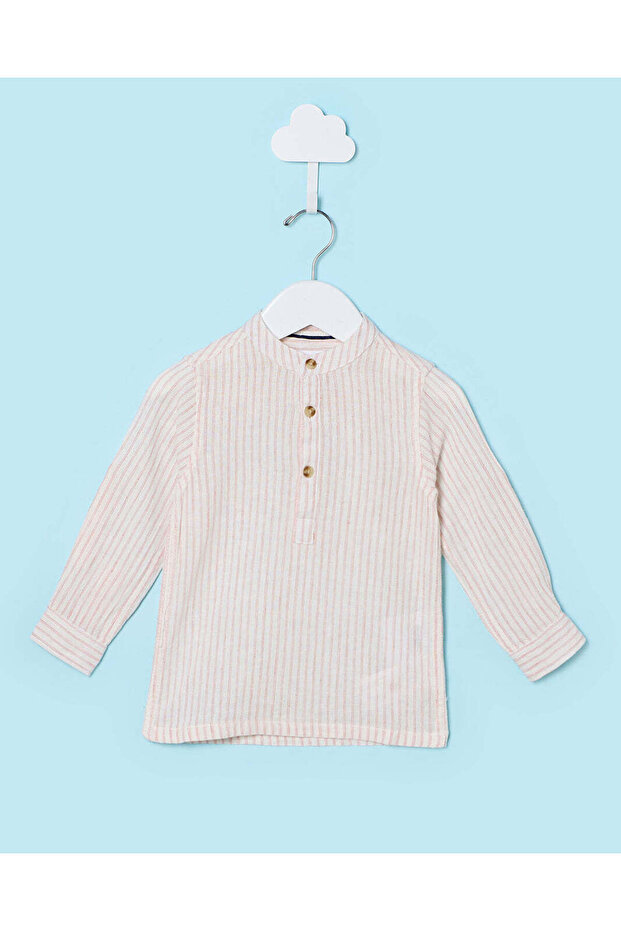 Infant Boys Cream Striped Mandarin Linen Long Sleeve Shirt