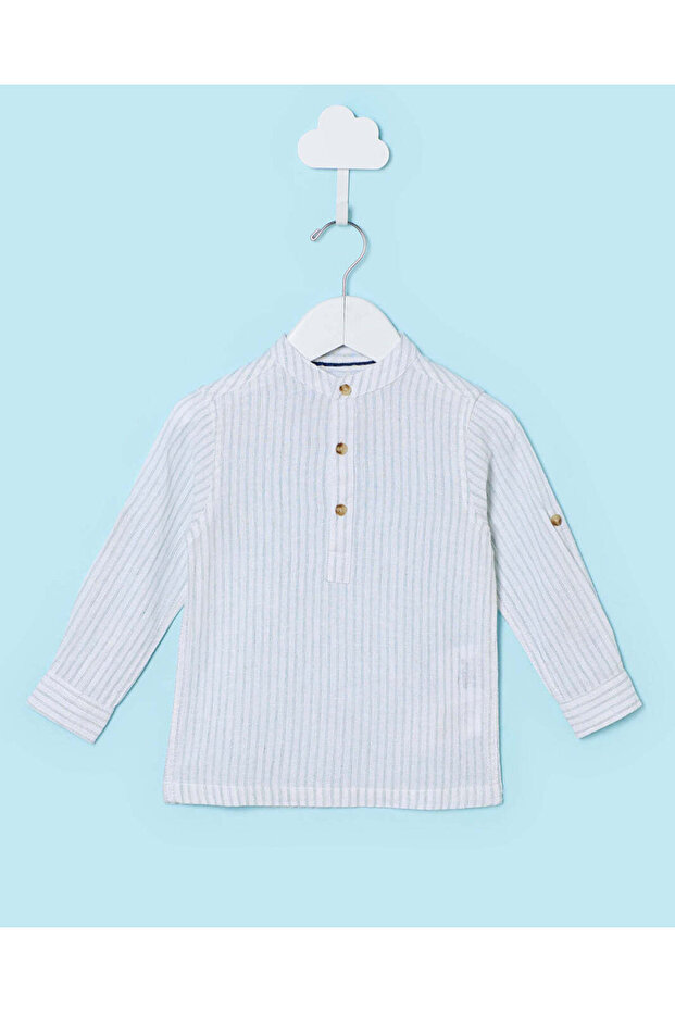 Infant Boys White Striped Mandarin Linen Long Sleeve Shirt