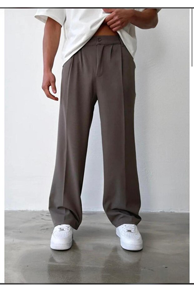 Men's Mink Baggy Fit Relaxed Fit Pleated Fabric Trousers