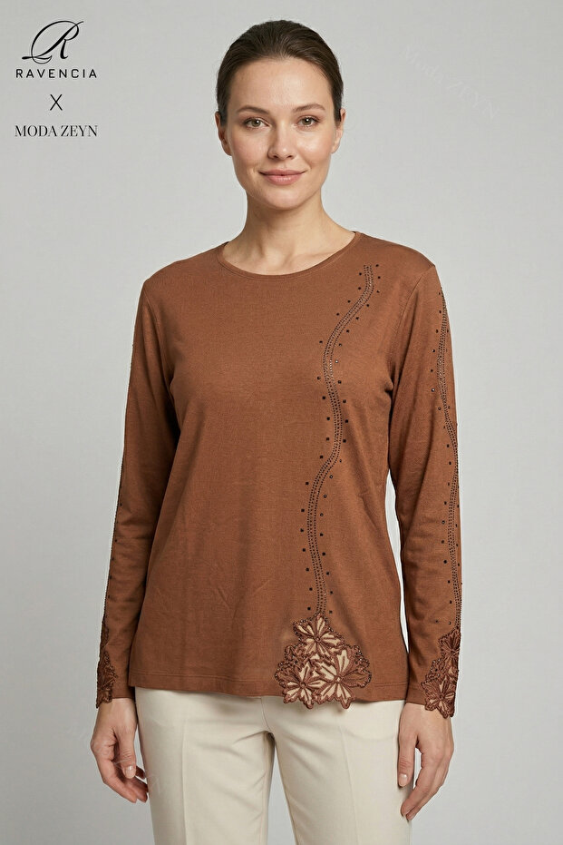 Women's Cinnamon Spiral Stripe Patterned Lace Embroidered Stoned Slit Lycra Mother Combed Cotton Blouse