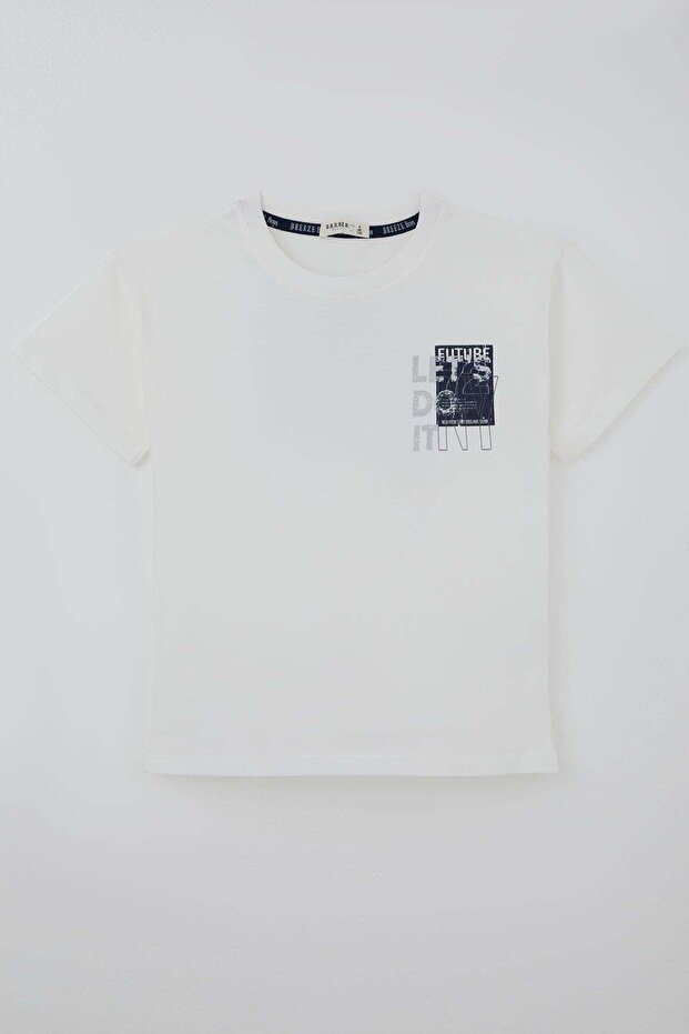 Boy's T-Shirt with Back Print and Detailed Text Print, Ages 5-10, Ecru