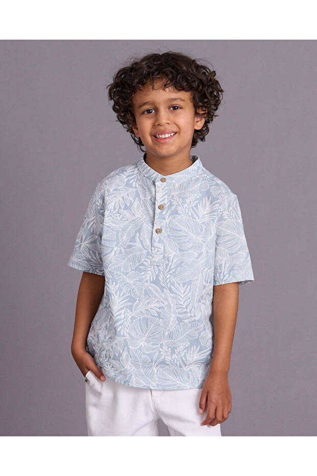 Boys Blue Allover Print Mandarin Collar Shirt