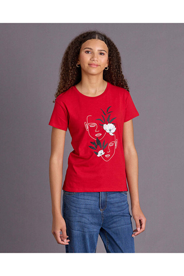 Girls Red Printed T-Shirt