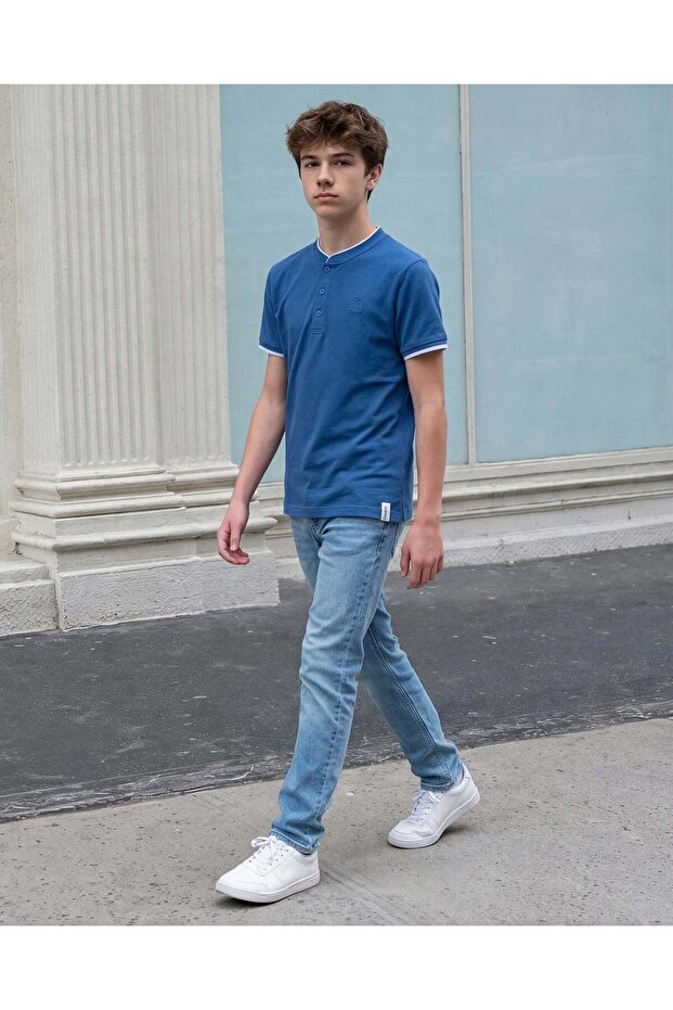 Boys Blue Mandarin Collar T-shirt