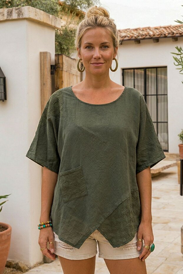 Dark Khaki Pool Collar Short Sleeve Pocketed Embroidered Asymmetrical Linen Look Oversize Woven Blouse 75 67