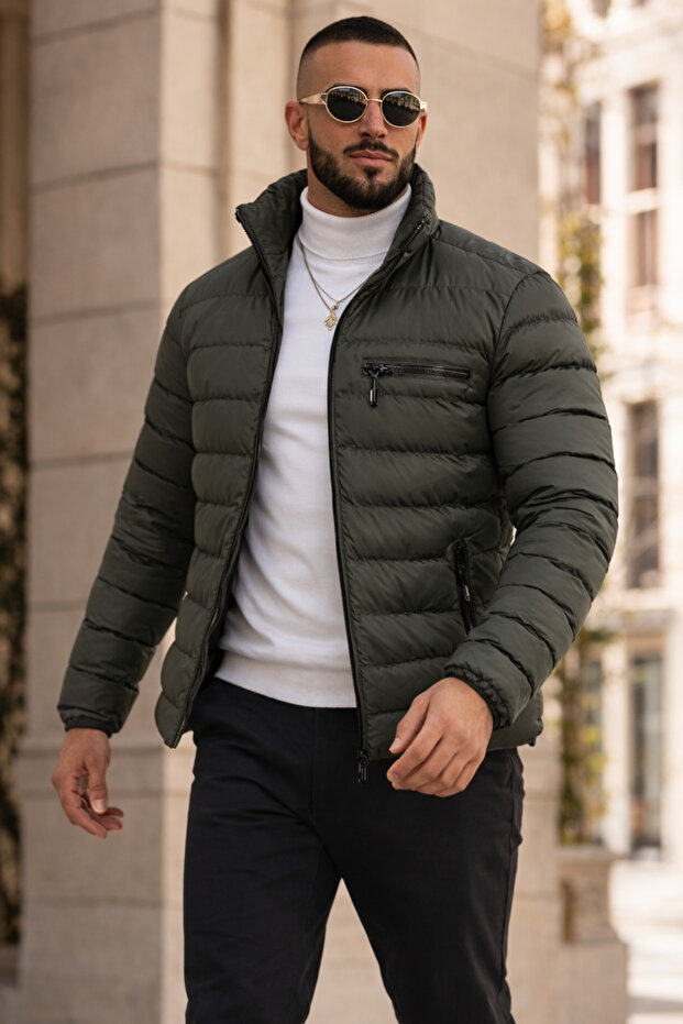 Men's Casual Pocketed Basic Lined Khaki Puffer Jacket - 3