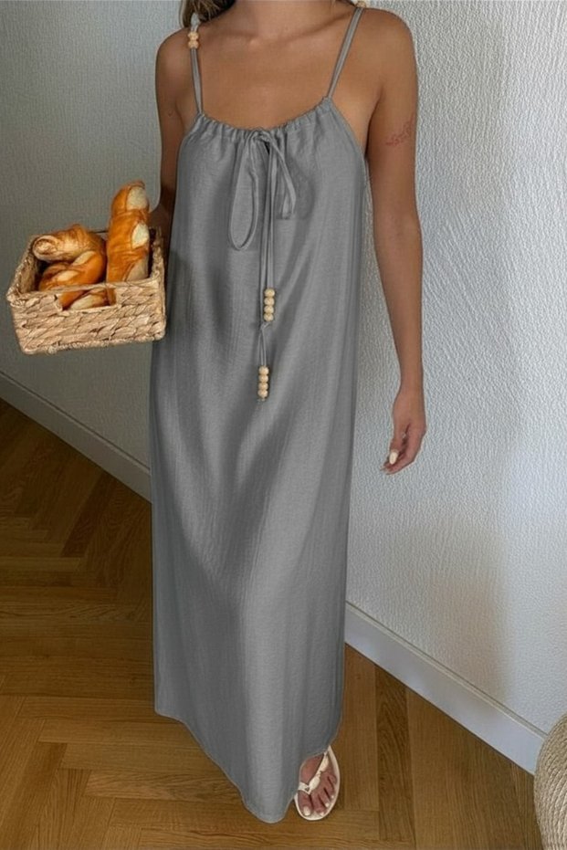 Women's Gray Halter Neck Seersucker Maxi Lace-Up Long Slim Summer Dress Beaded Loose