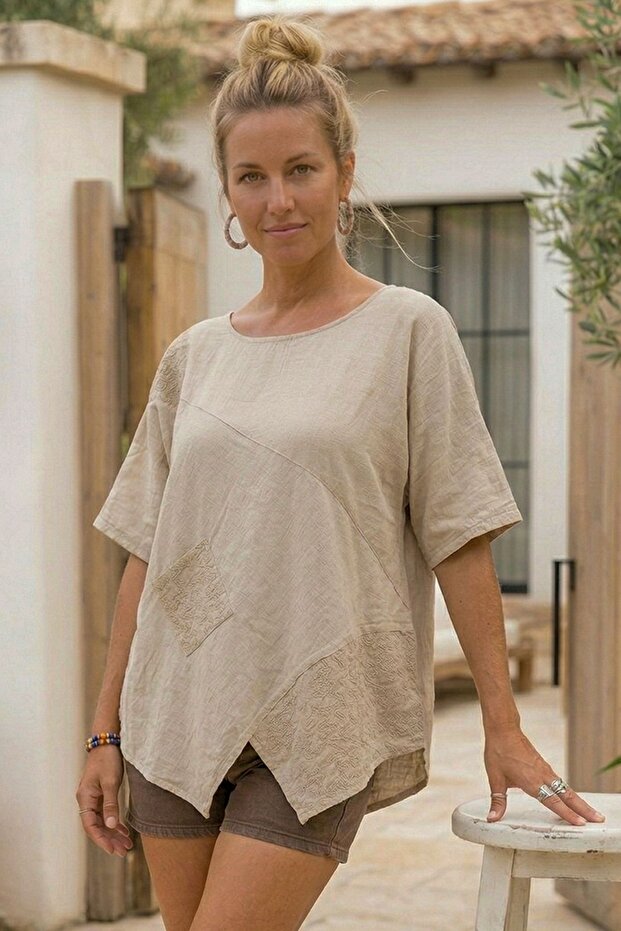 Beige Pool Collar Short Sleeve Pocketed Embroidered Asymmetrical Casual Linen Look Oversize Woven Blouse 75 67