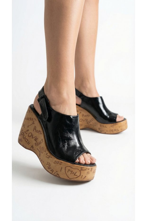 Women's High Straw Look Wedge Heel Sandals Shoes Slippers with Closed Top Buckle Detail
