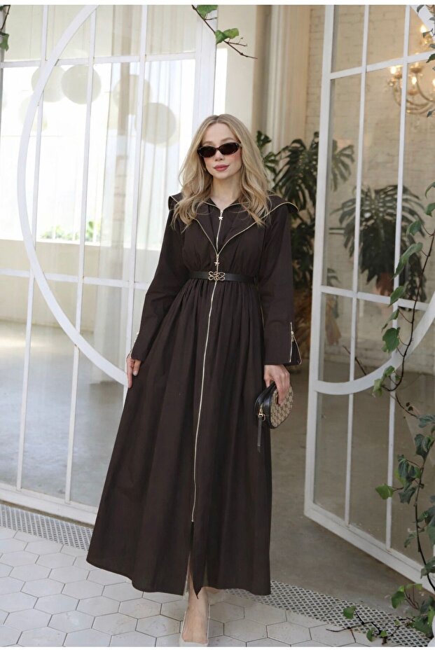 Women's Belted Zippered Long Dress Brown