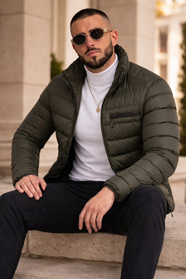 Men's Casual Pocketed Basic Lined Khaki Puffer Jacket - 4