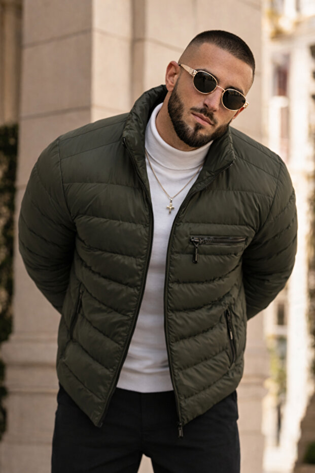 Men's Casual Pocketed Basic Lined Khaki Puffer Jacket - 2