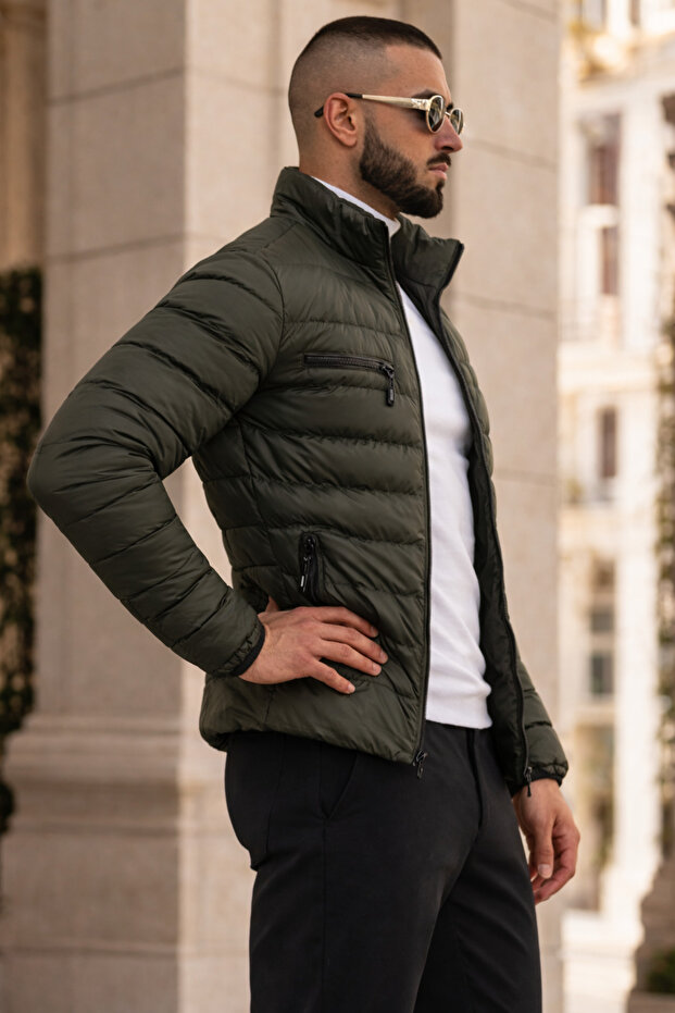 Men's Casual Pocketed Basic Lined Khaki Puffer Jacket - 5