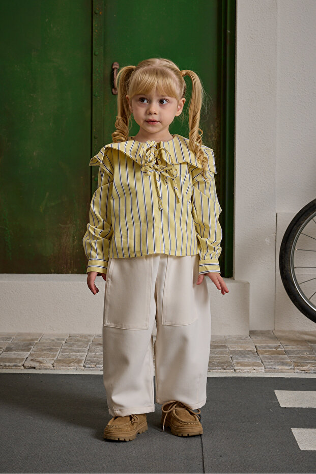 Lace Detailed Striped Shirt Yellow