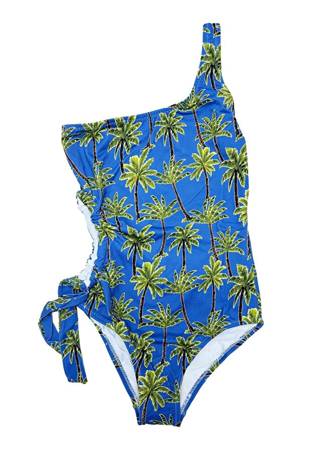 Roni - Asymmetrical Cut Girls' Swimsuit with Tropical Palm Figure by Nessi Byrd