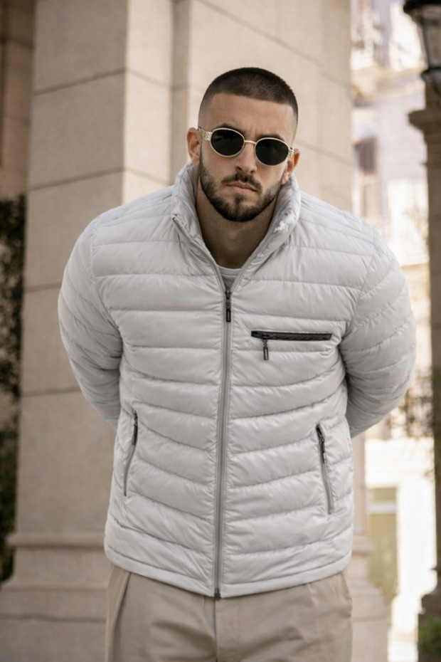 Men's Casual Pocketed Basic Lined Gray Puffer Jacket - 3