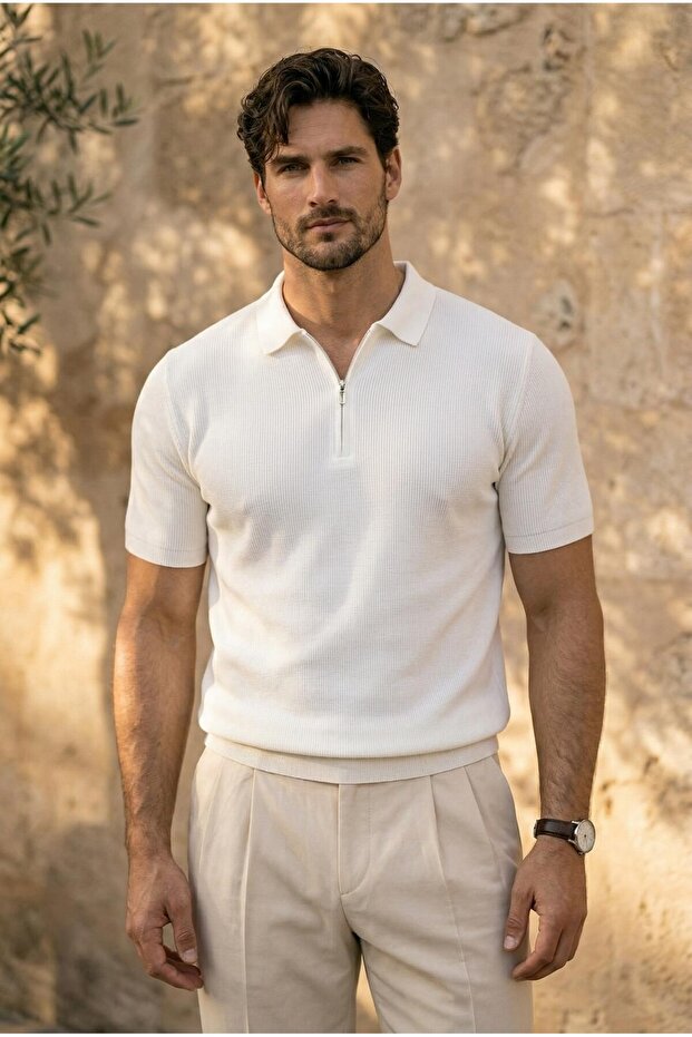 Jeff Selanik Knitted Polo Collar Half Zipper Thin Knitwear Men's T-Shirt - Ecru