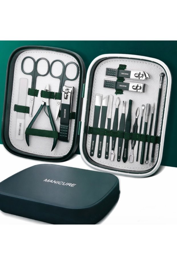 18 Piece Night Green Special Boxed Stainless Steel Manicure Pedicure Care Set with Glass File
