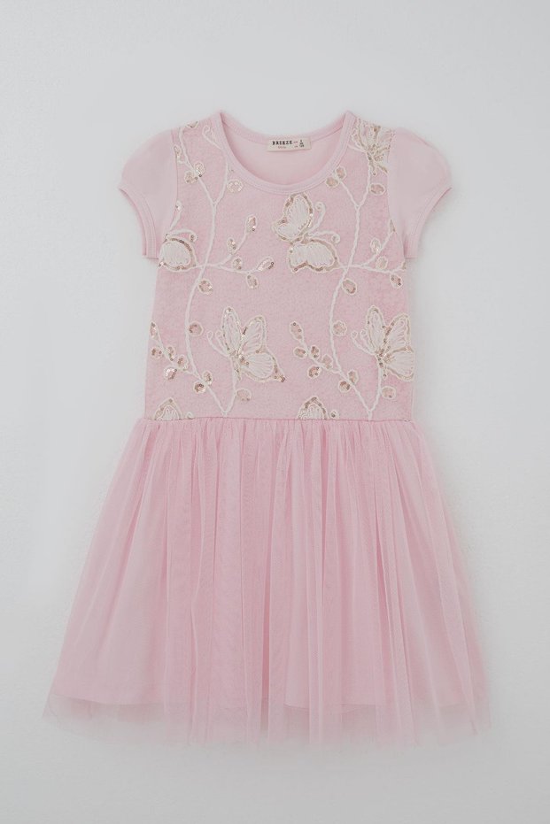 Girl's Dress Sequin Butterfly Embroidered Tulle with Floral Detail 6-12 Years, Pink