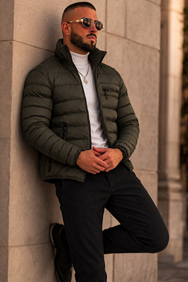 Men's Casual Pocketed Basic Lined Khaki Puffer Jacket - 6