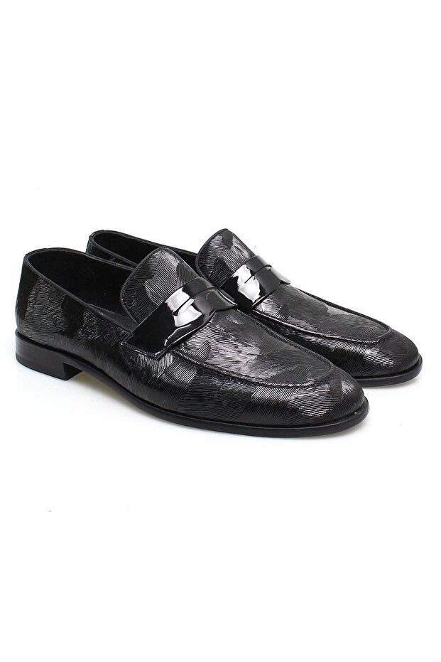 Black Color Laceless Genuine Leather Men's Shoes